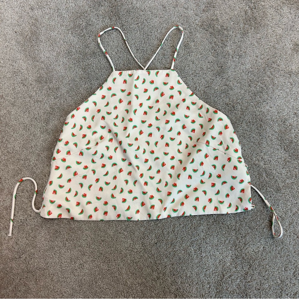 Zara cream watermelon print halter crop top open back lace up M summer festival - Picture 6 of 14